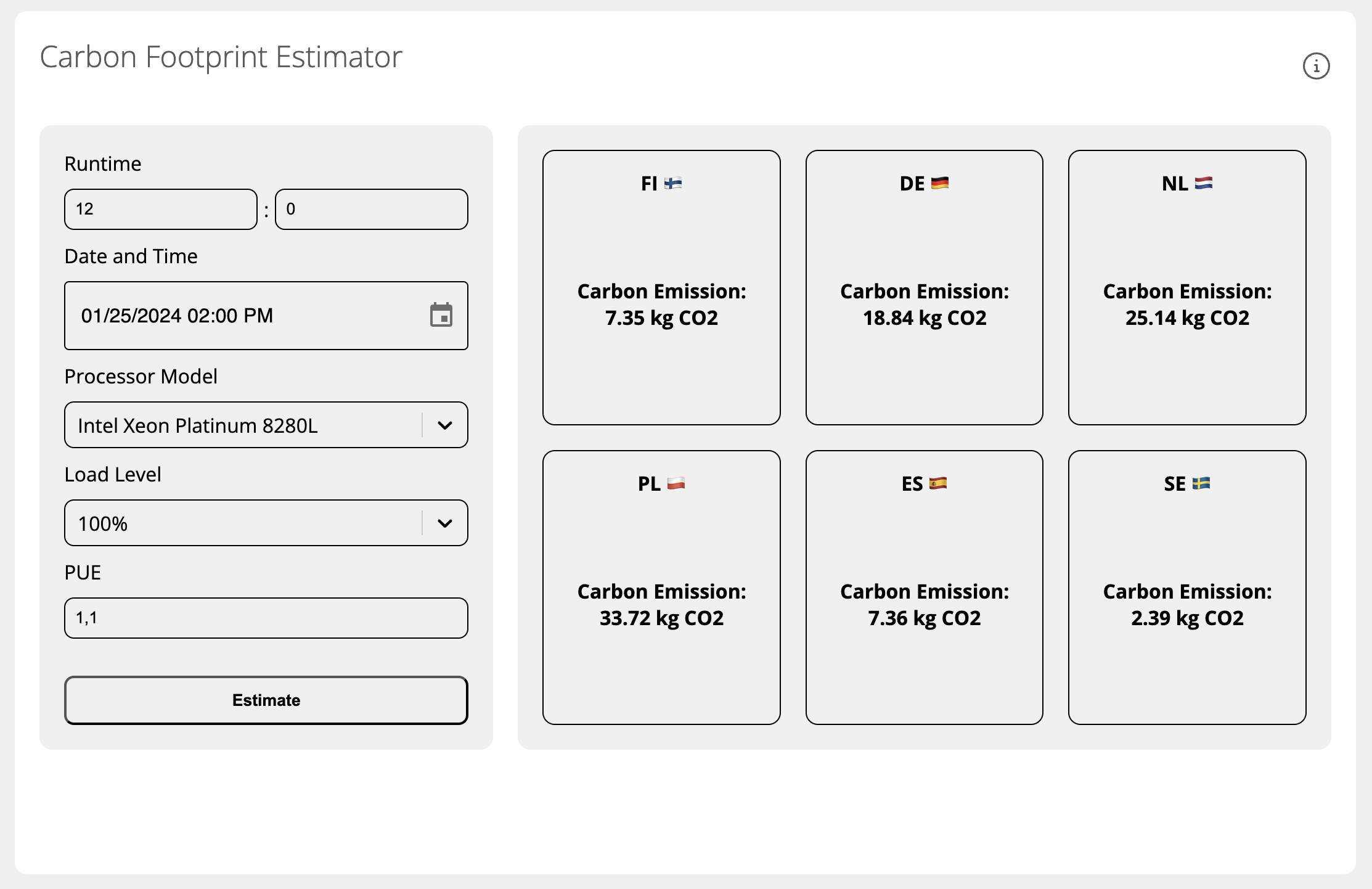 Carbon Footprint Estimator UI: pick CPU, load, runtime, PUE, and region, see emissions.